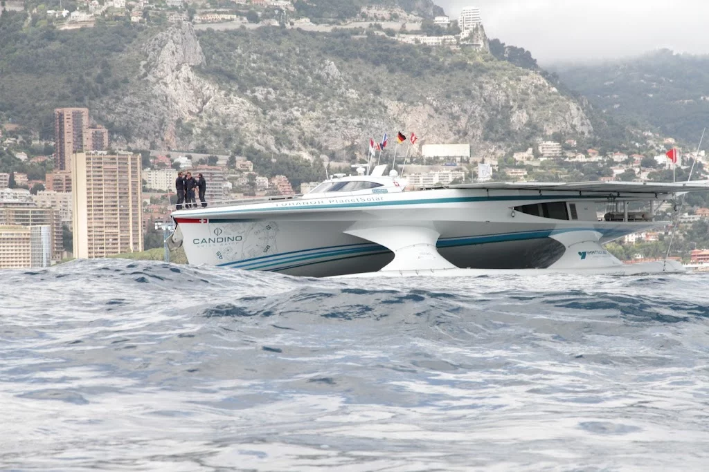 The TURANOR PlanetSolar, as it enters Monaco's Hercule Harbor