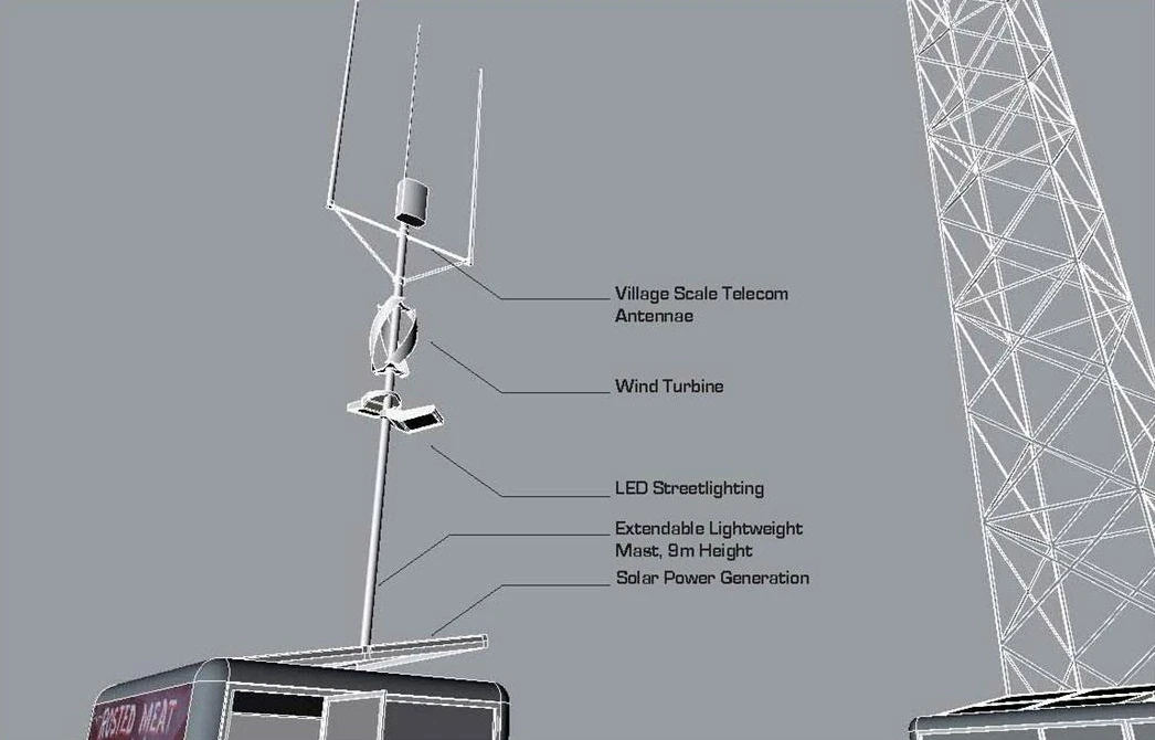 The largest SolarKiosk prototype can generate enough power to run a telecom tower