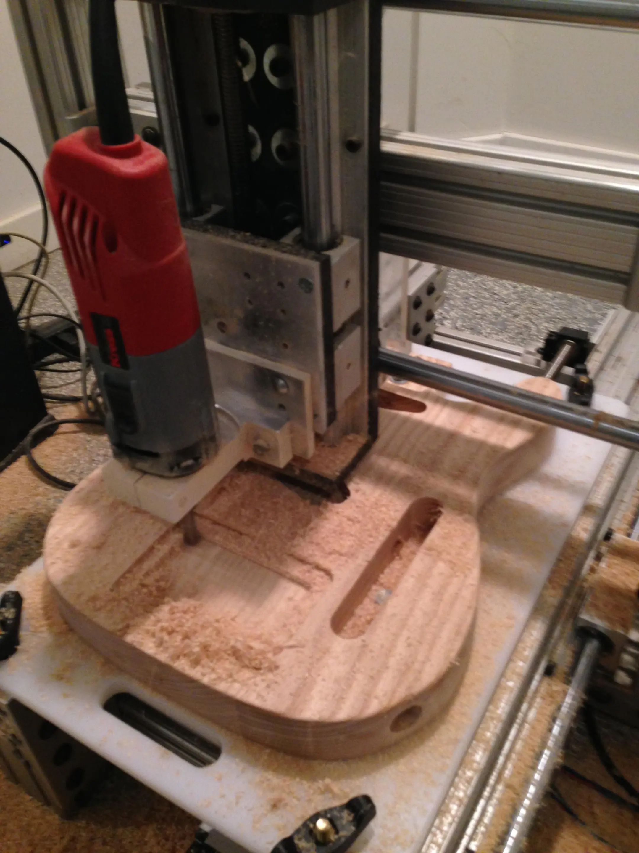 A homemade CNC was used to route the cavities in a Telecaster-shaped body