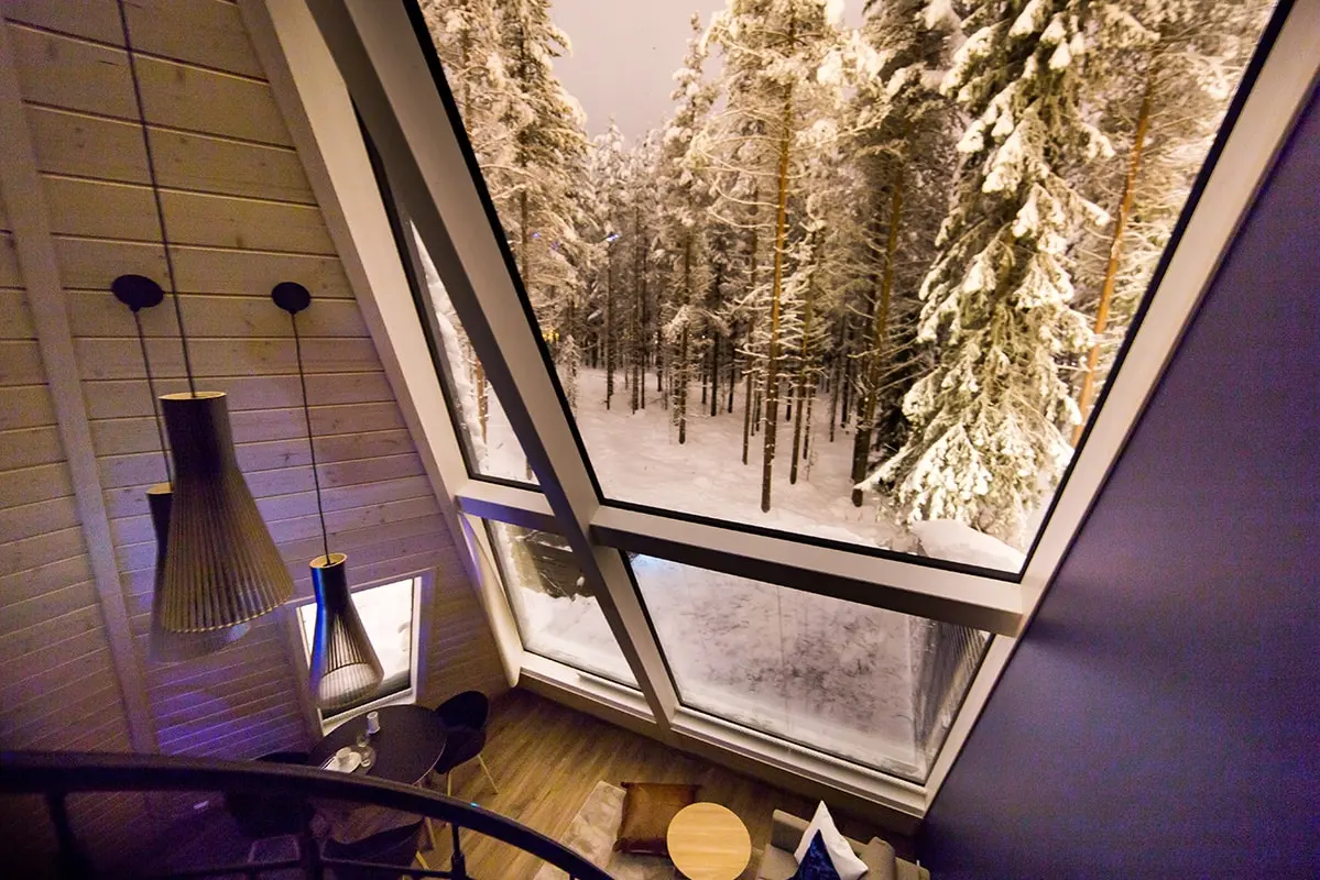 Each Superior Glass Apartment (40 m2) includes a living area, mini-kitchen, and upstairs loft