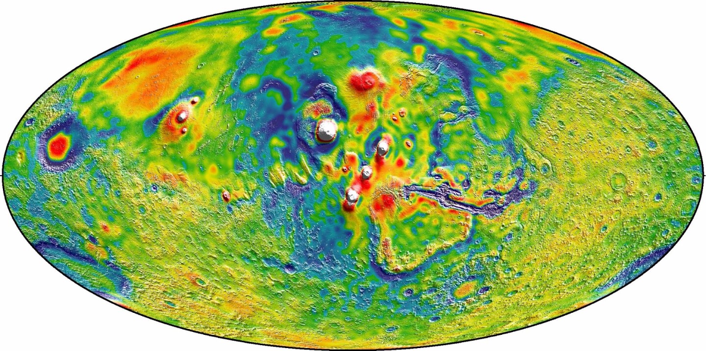 Gravity map of the Tharsis region – red and white regions indicate high gravity areas, while blue represents low gravity areas