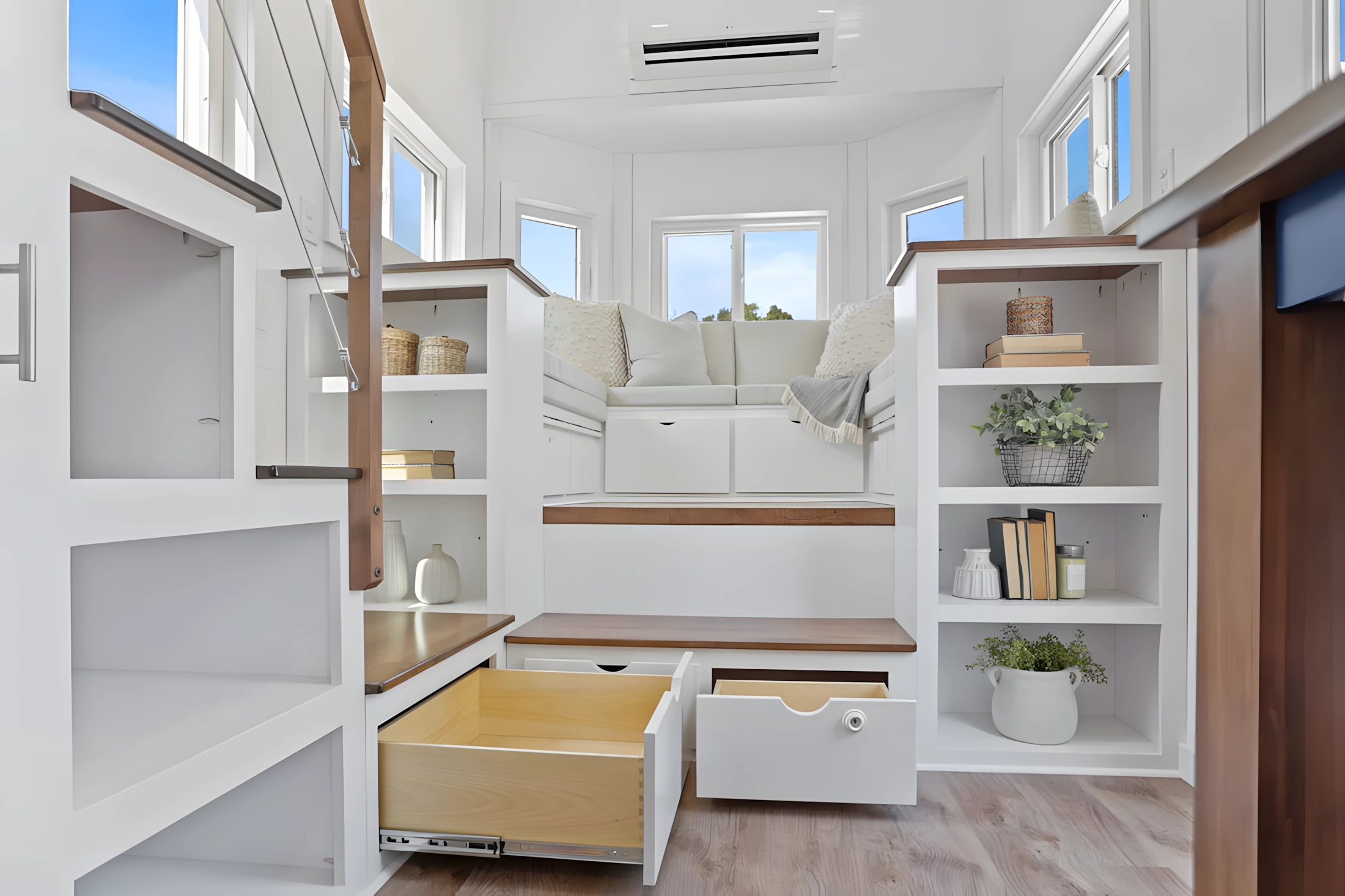 The Cerceaux's living room includes bookshelves and underfloor storage too
