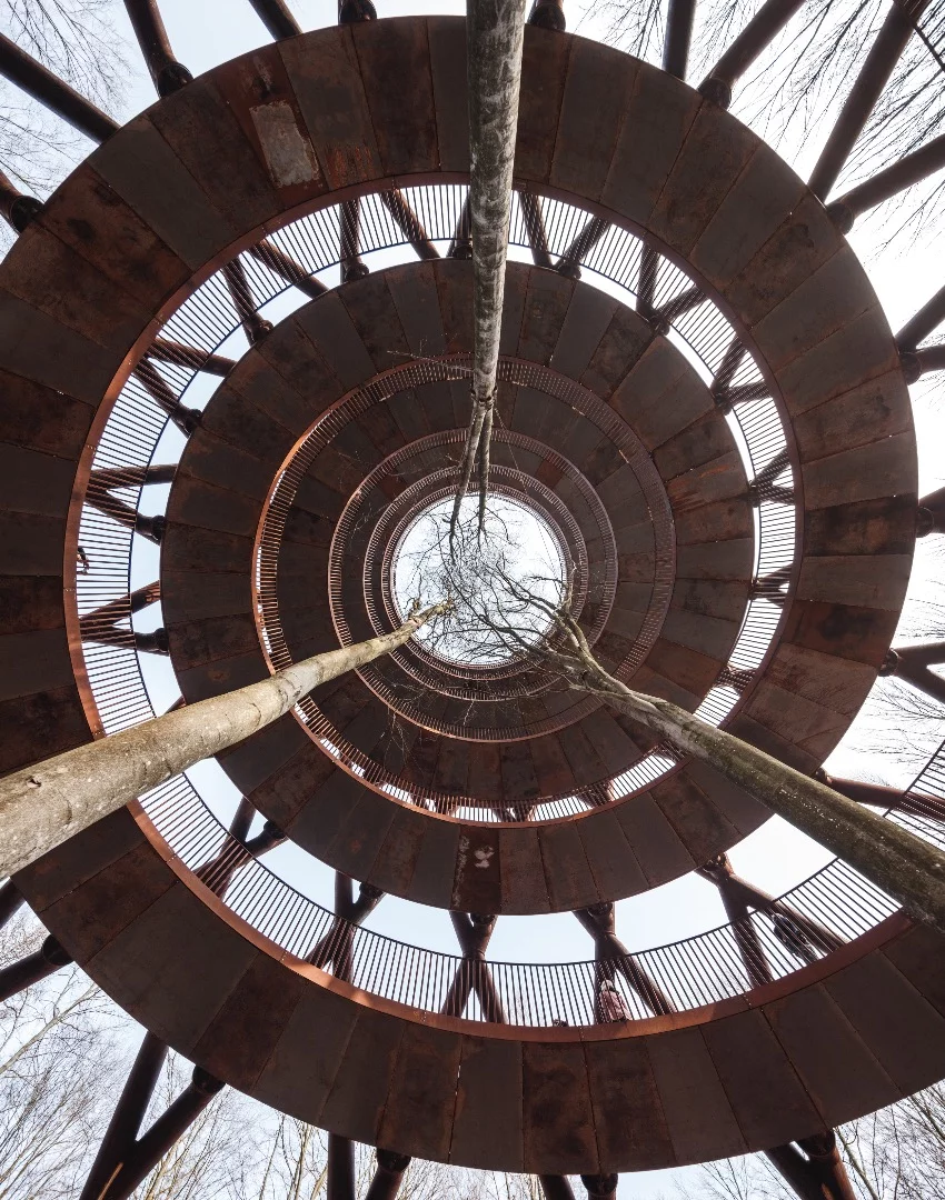 The Camp Adventure Tower is made from weathering steel, which has a rusted effect