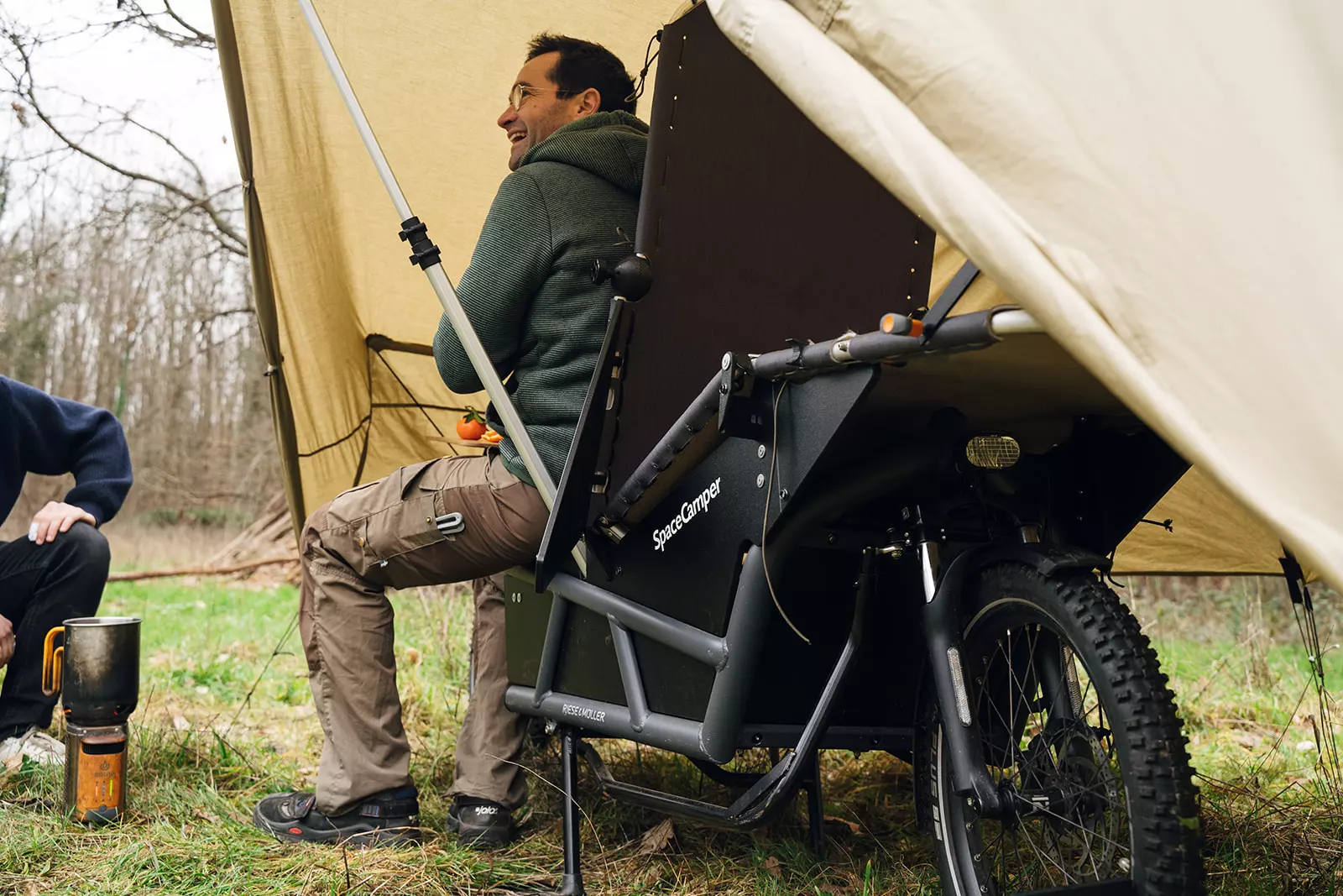 The Load 75 bike features a dual-leg kickstand to keep it steady at camp and front and rear suspension for a smoother ride