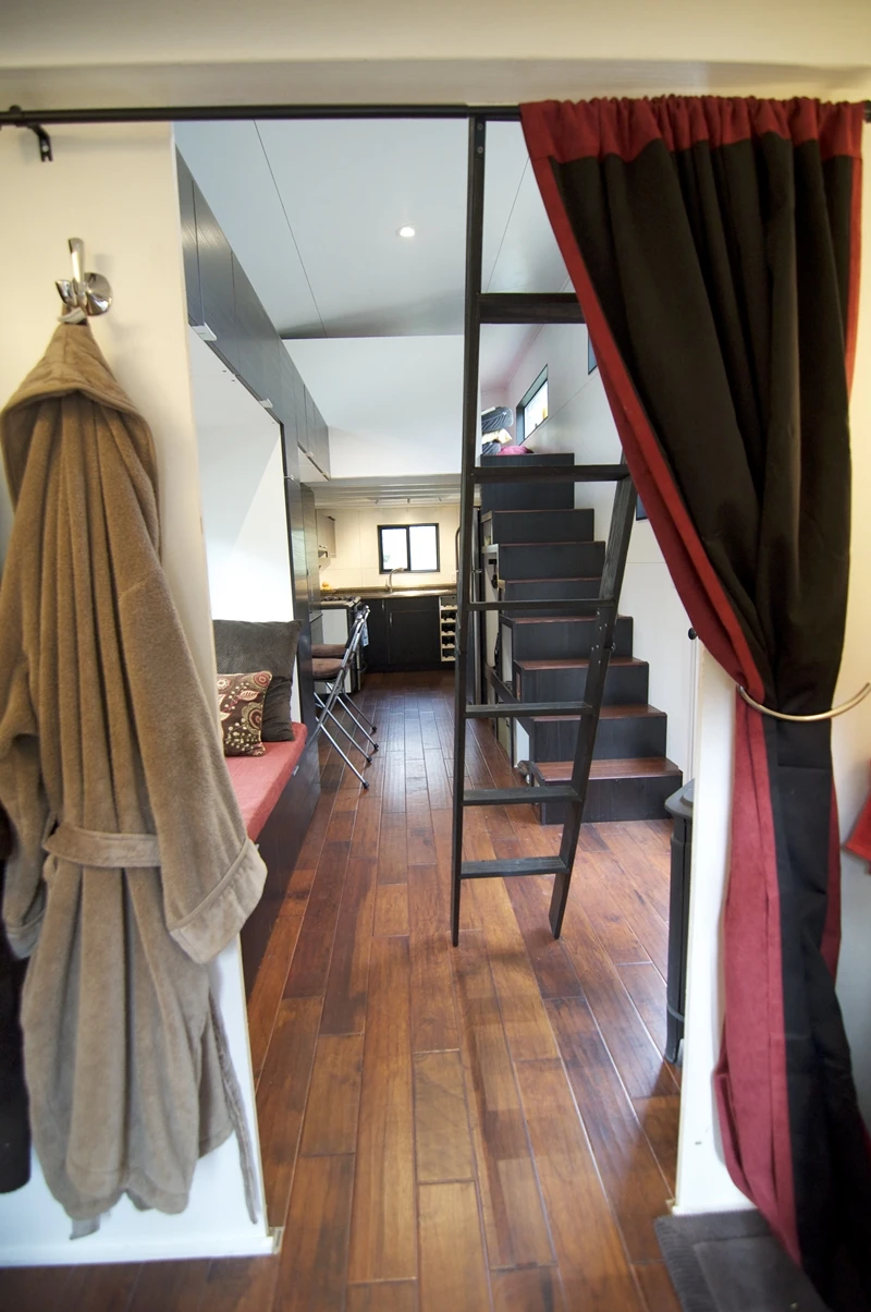 A curtain provides privacy in the bathroom