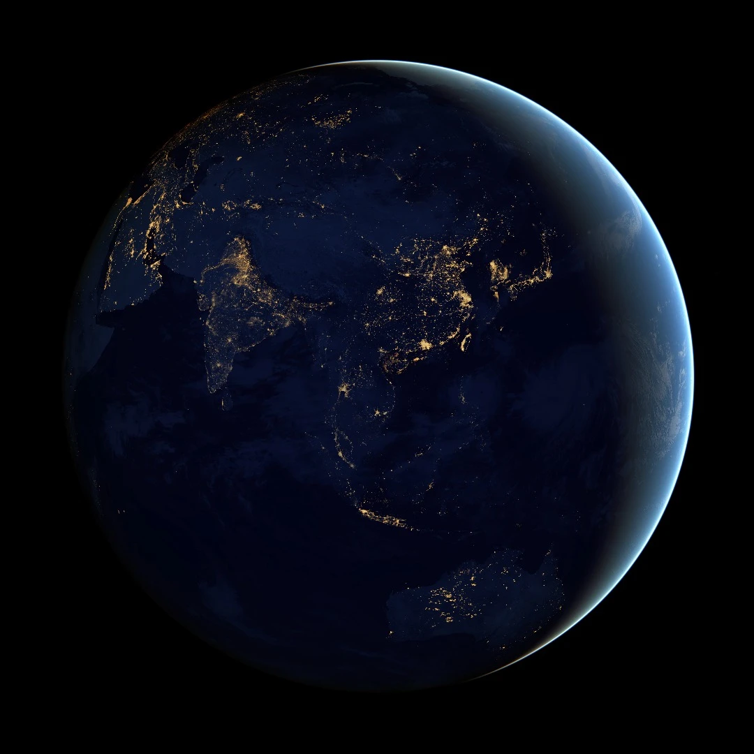 Composite image of city lights composed from data captured by the Suomi NPP satellite between October and August 2012