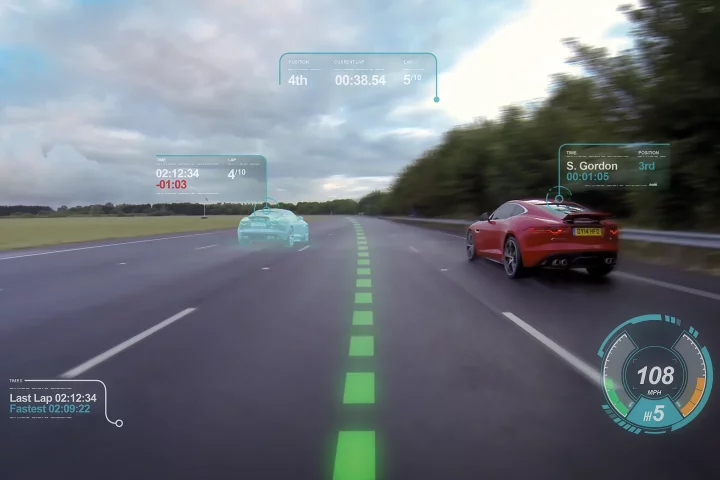 The "Virtual Windscreen" is also able to display a racing line for trackday warriors