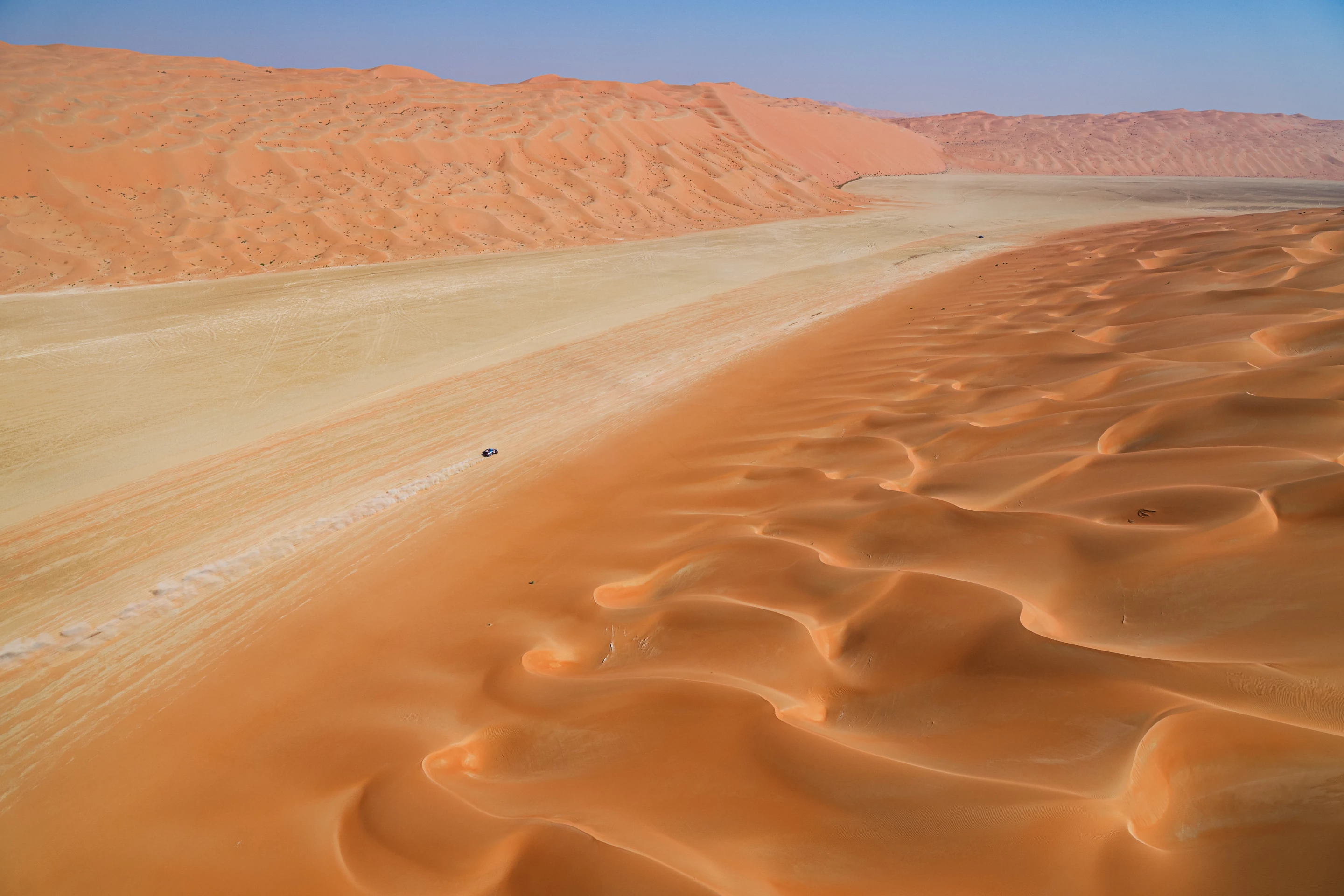 Swedish veteran WRC racer, Mattias Ekstrom (#226) and his Swede co-driver Emil Bergkvist, race at top speed, across the Empty Quarter (Rub' al Khali) of Saudi Arabia. The stage was shortened due to heavy fog that morning. The pair drove their Ford M-Sport in the FIA W2RC Ultimate class car to an overall 6th place