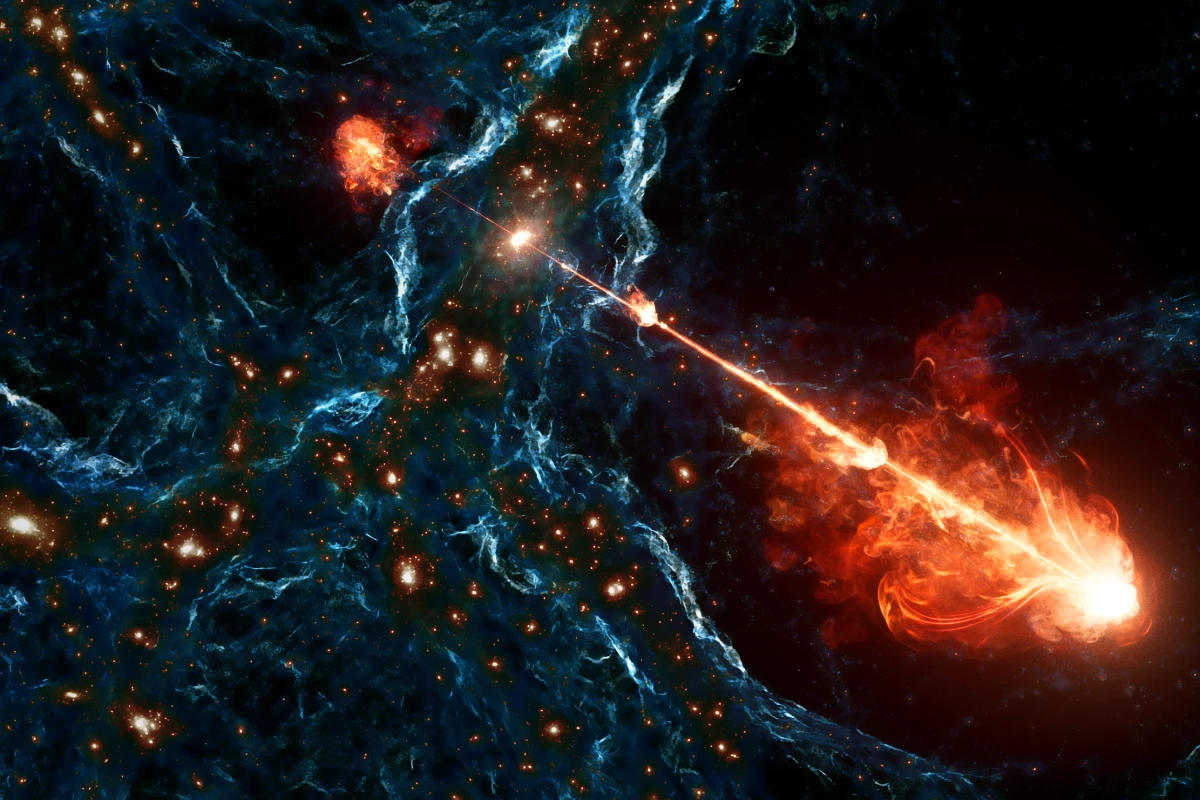 An artist's impression of the gigantic black hole jets, nicknamed Porphyrion