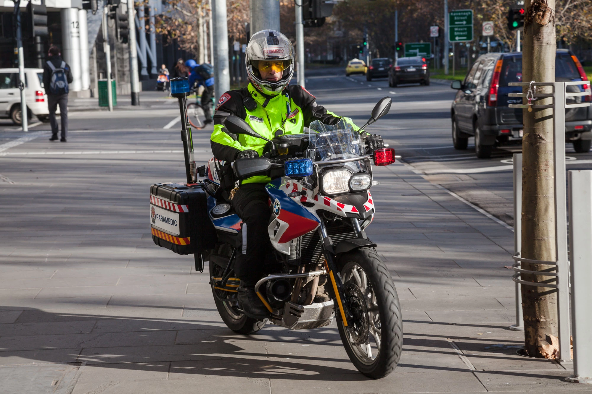 "I use a Nolan N104 helmet. It's that modular, flip face type of thing, and the benefit is that I can flip the chin up to talk to people, talk to patients... Sometimes it's difficult to communicate from behind a helmet so it's good to be able to lift it up."