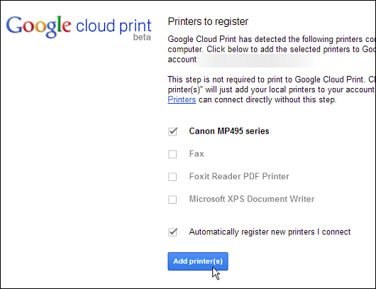 Registering a classic printer to a Google account