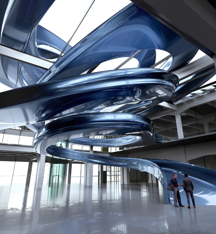 The first floor space of the restored Fenix warehouse in Rotterdam will be joined to the ground floor and the observation tower above with a spectacular spiraling staircase