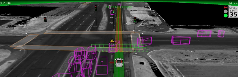 Another car (purple box) makes an illegal right turn from the left lane, in front of the vigilant robot car