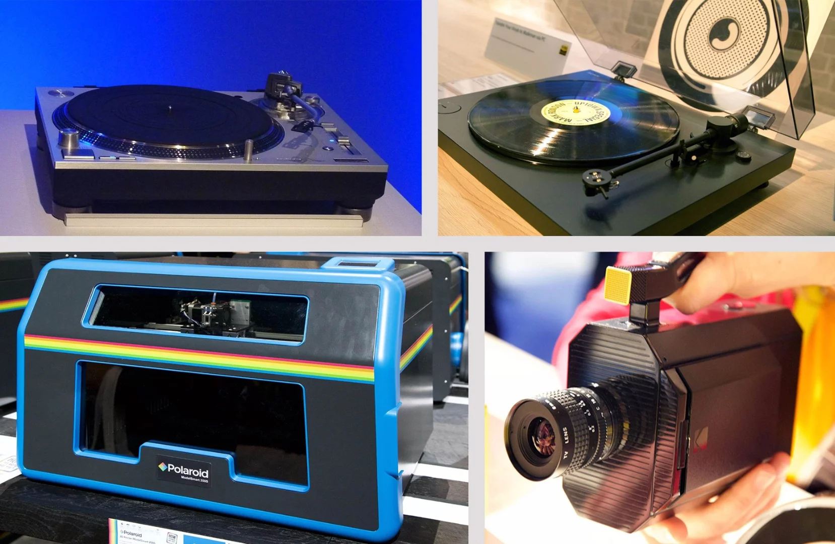 Clockwise, from top left: Panasonic/Technic SL-1200, Sony HX500, Kodak Super 8 movie camera, Polaroid 3D printer