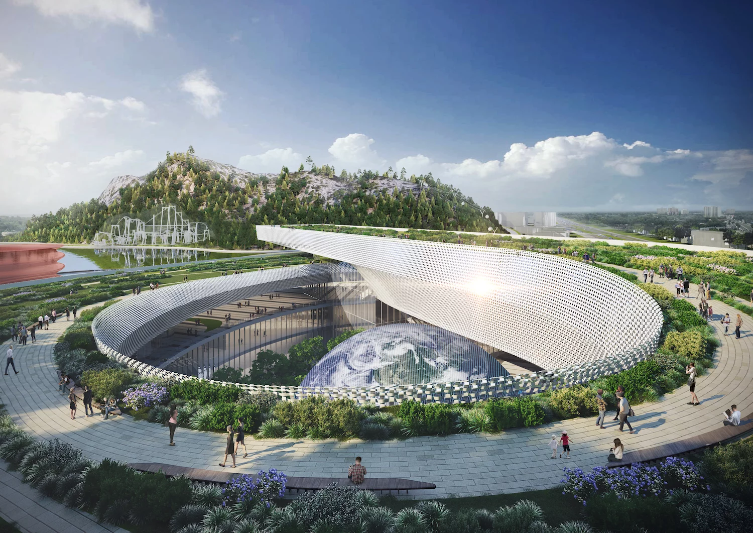 The Suzhou Science & Technology Museum's sustainable design includes green roofs, rainwater management, and water purification