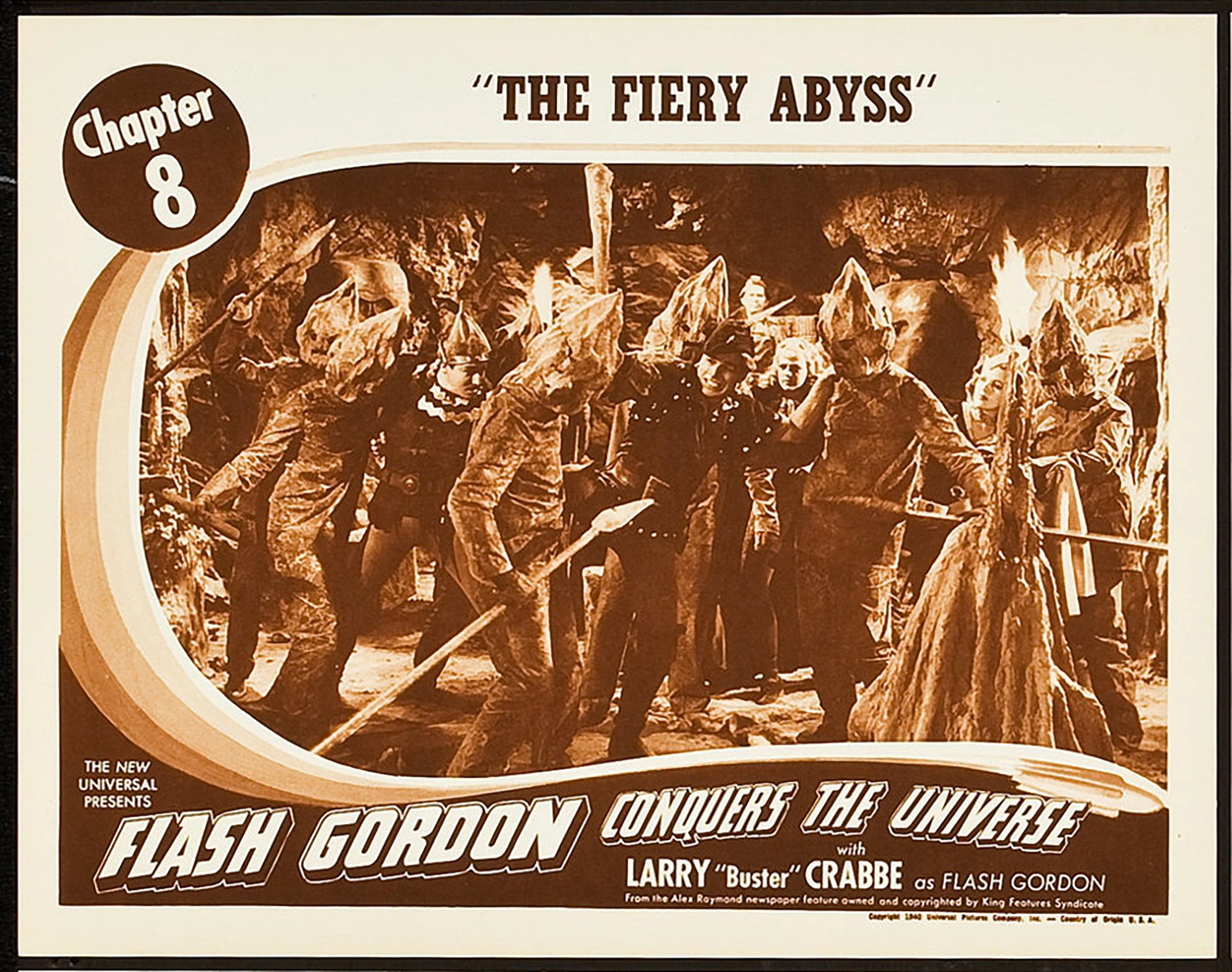 Flash Gordon was featured in three serial films: Flash Gordon (1936), Flash Gordon's Trip to Mars (1938), and Flash Gordon Conquers the Universe (1940). These movie serials were popular during the first half of the 20th century, consisting of a series of weekly episodes exhibited in consecutive order at theaters during the “shorts.” Each episode ended in a “cliffhanger” which helped to entice the audience back to the movie theater the following week for the next feature film, making the extremely popular Flash Gordon important to generating box office in movie theaters as audiences followed his adventures over months. Lobby cards such as this were important in promoting the next episode of the serial and are now highly sought after by collectors
