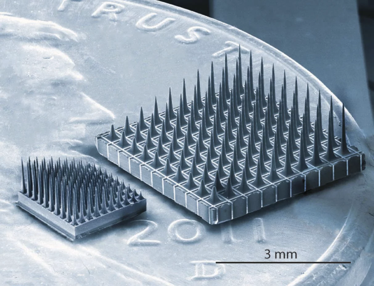 Two examples of the Utah Slant Electrode Array that could help restore movement to those suffering limb paralysis as a result of spinal cord injury