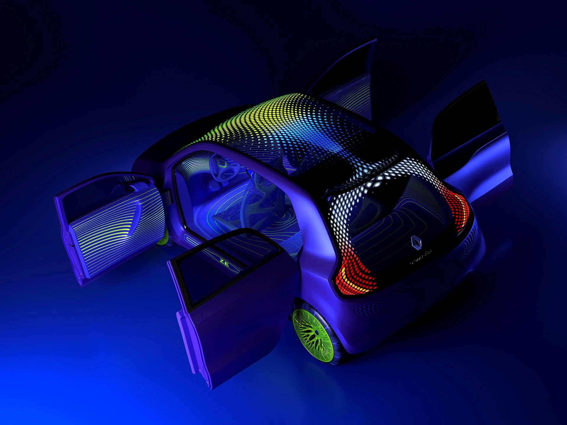 A 50-kW (68 hp)/ 226 Nm of torque, synchronous electric motor mounted out back powers the Twin'Z with the help of 4 lithium batteries beneath the floor develop 96 volts