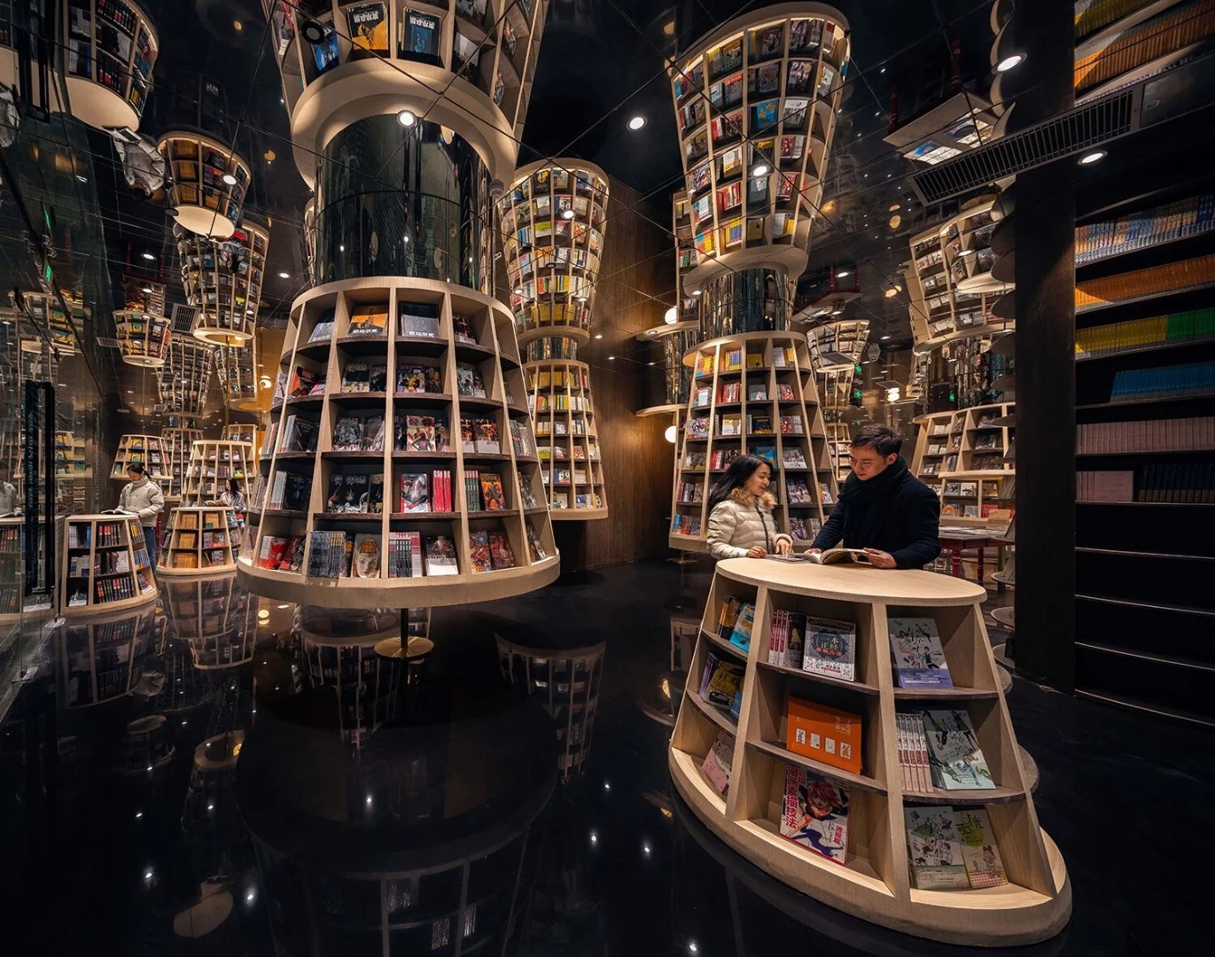 Lampshade inspired bookshelves inside the Chongqing Zhongshuge Bookstore