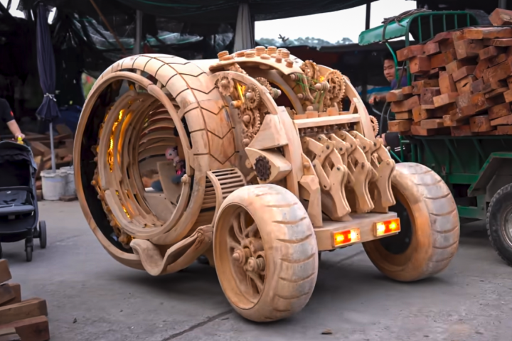 Built from a concept inspired by generative AI, this eye-catching vehicle showcases its creator's extraordinary woodworking skills