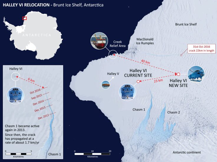 Map of the Brunt Ice Shelf showing the details of the move