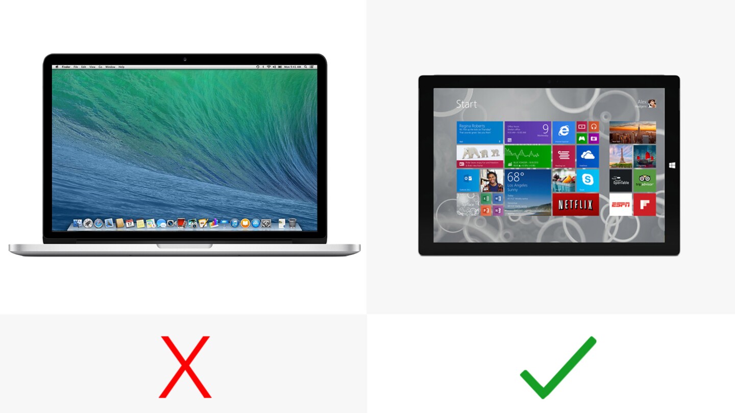 The Surface has a touch screen, while Apple is happy to leave touch for iPads and iPhones