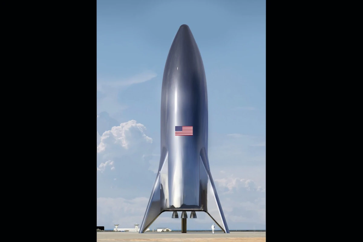 The assembled SpaceX Starship test vehicle doesn't look quite as smooth and shiny as this render from Elon Musk, but its retro futuristic look is the same