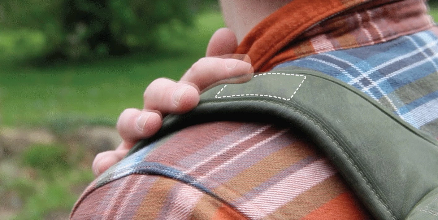This backpack strap utilizes a HydroHaptics pouch as opposed to a dome