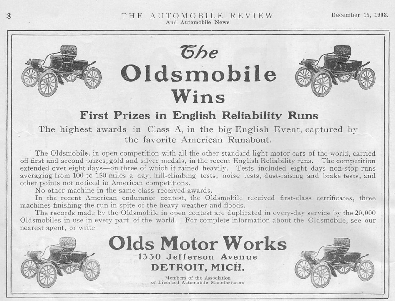 The Oldsmobile Wins - 1903 issue of Automobile Association magazine, advertisements therein