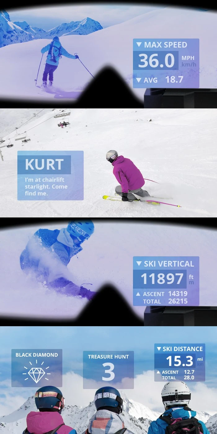 The heads-up displays on the GogglePal cycle through ride and fitness stats, messages from friends, and a game interface