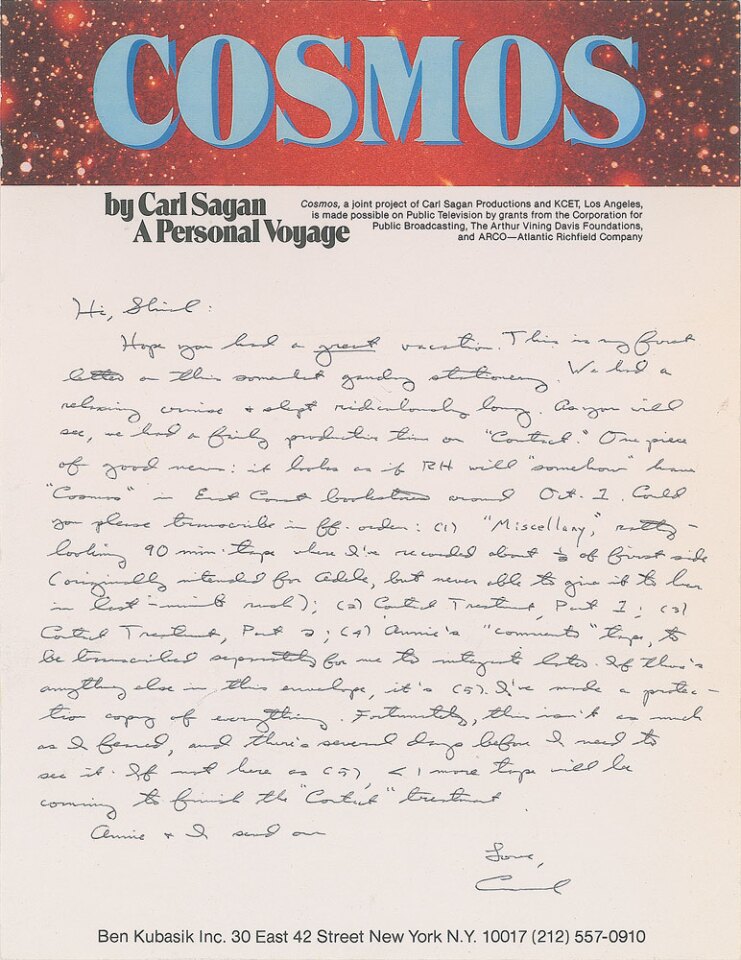 Handwritten letter by Sagan
