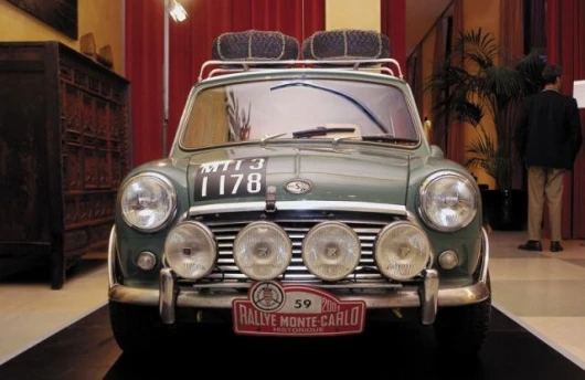 A classic Mini equipped for participation in the classic revival of the Monte Carlo Rally, exhibited during the presentation of the book "MINI 1959-2005: the history, the models, the legend". Credit: with permission from the Quattroruote archives (09/2005