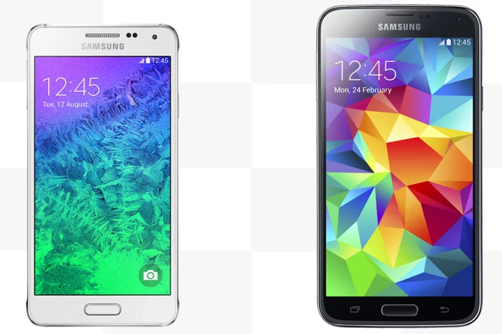 While the Samsung Galaxy S5 (right) focuses on high-end specs, the Galaxy Alpha places an emphasis on compact style