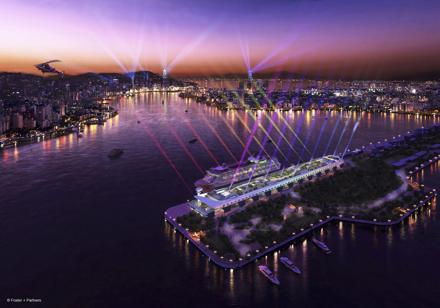 The Kai Tak Cruise Terminal is located at the end of the old runway 31 (Image: Foster + Partners)