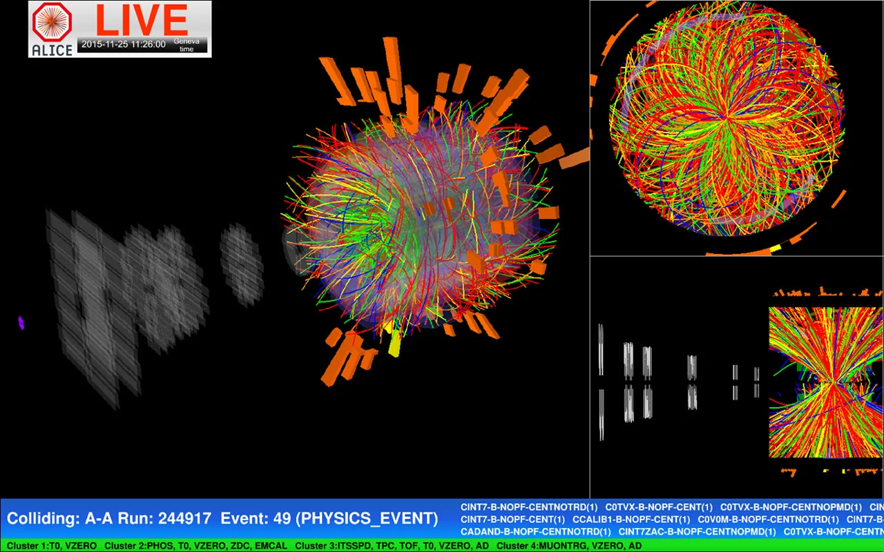 One of the very first collisions recorded between two lead ions at the LHC’s top energy