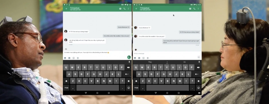 Two volunteers utilize the BrainGate BCI to chat with each other online