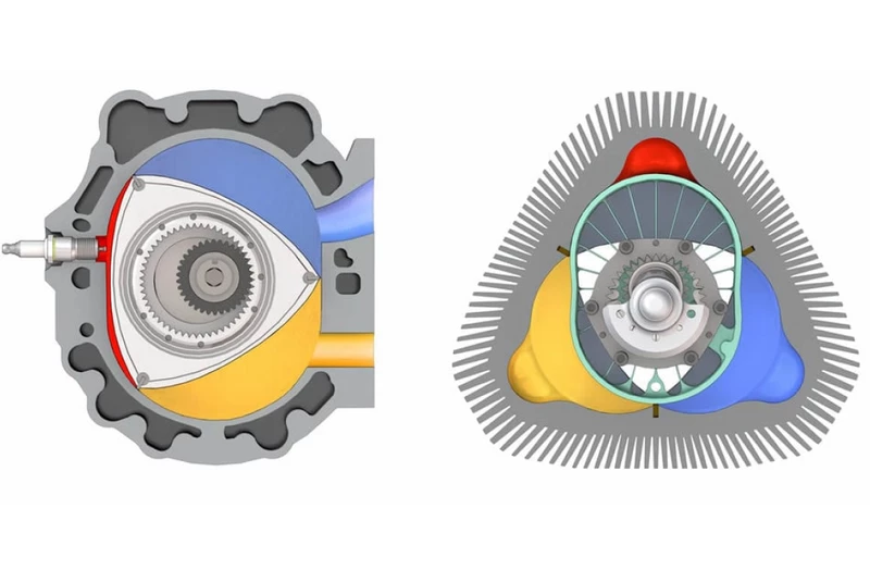 Unlike a Wankel engine (left), LiquidPiston's X engine design (right) features a oval piston inside a triangular housing