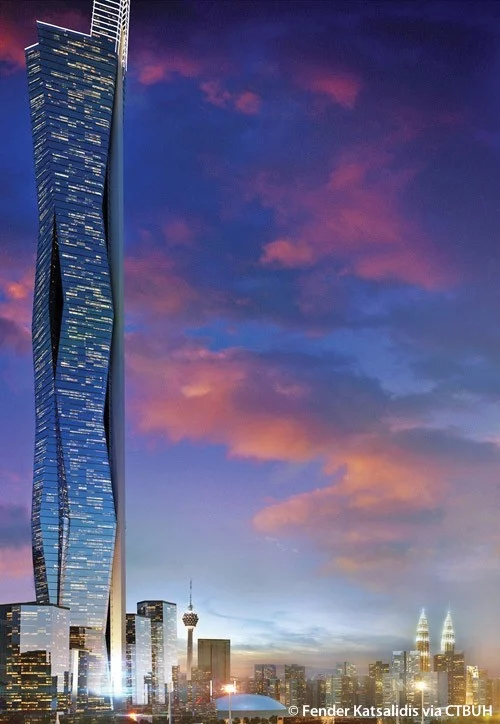 The KL118 tower is currently under construction in Kuala Lumpur, Malaysia. Standing across from the famous Petronas Towers, it will open in 2019 at 610 metres tall, and enjoy a brief spot in the top 5.