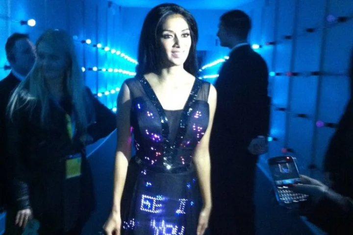 Nicole Scherzinger wearing CuteCircuit's Twitter dress at EE's 4G launch