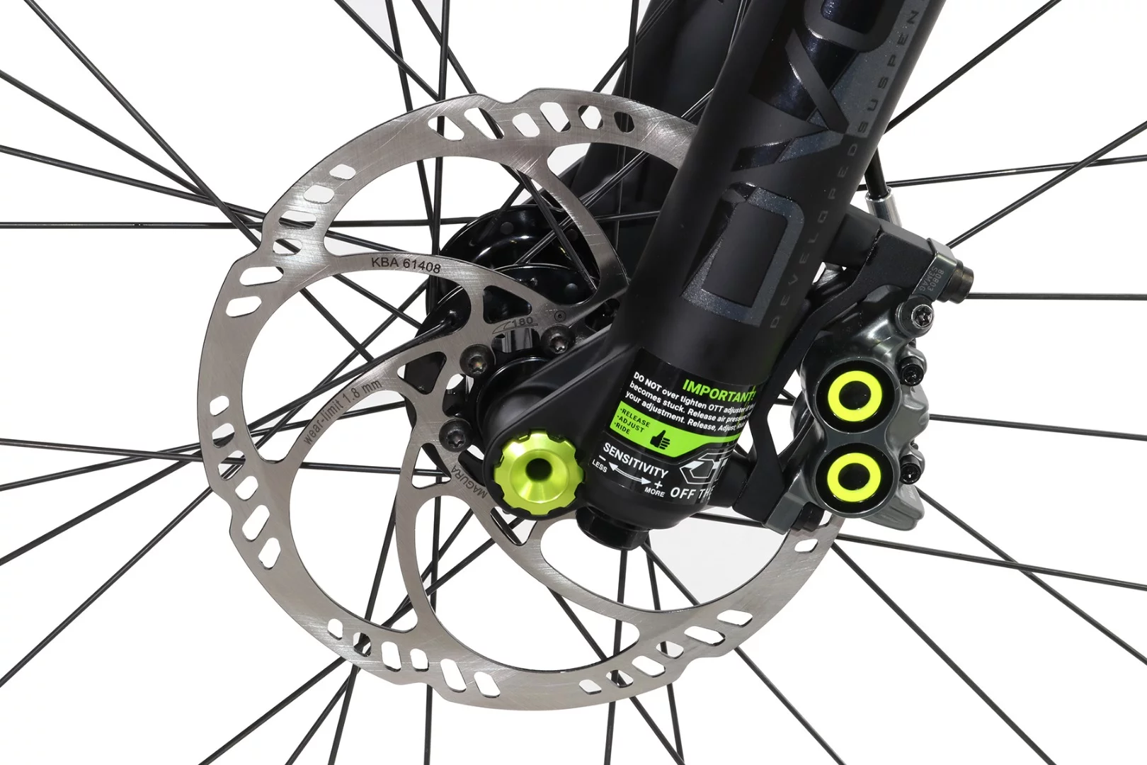 Stopping power is provided by Magura MT7e Quad Piston hydraulic disc brakes
