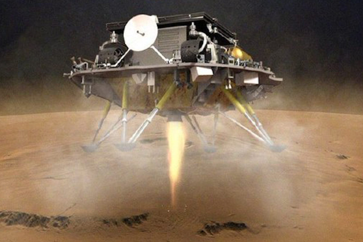 An artist's impression of the Tianwen-1 lander module touching down on Mars