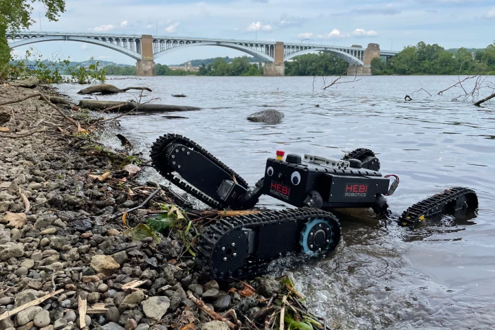 The IP67-waterproof Tready robot emerges from the water (googly eyes not included)