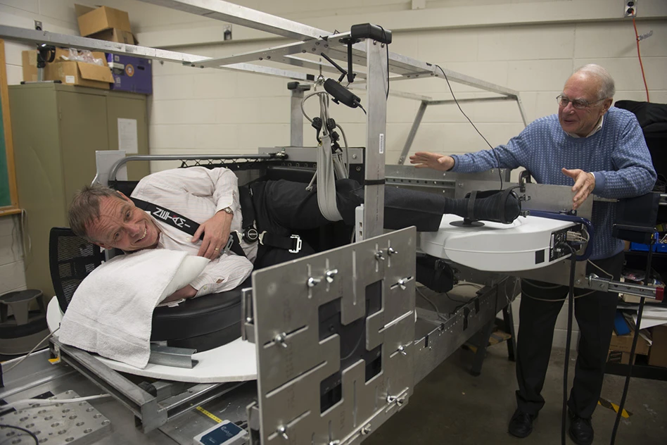 Astronaut Christer Fuglesang strapped into the centrifuge