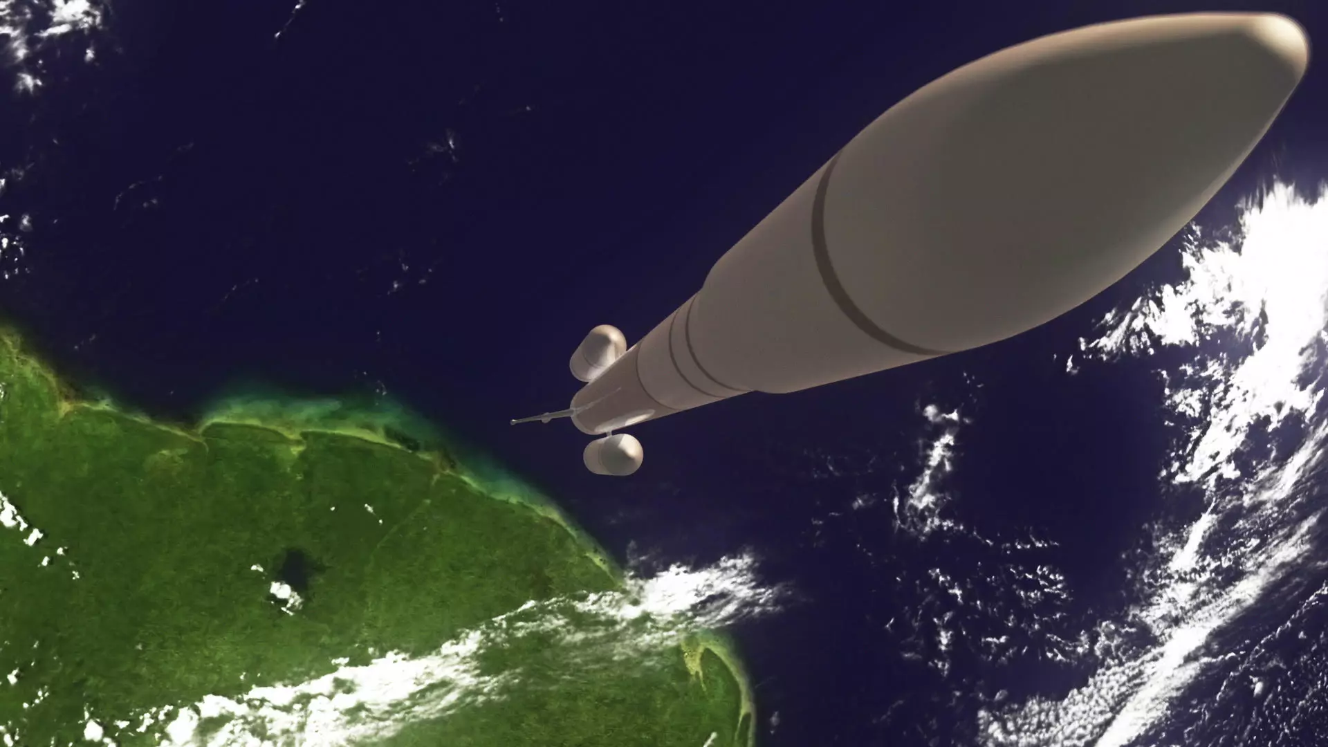 Artist's concept of AirBus's Ariane 6 launch vehicle, with the Adeline system at the base of the rocket