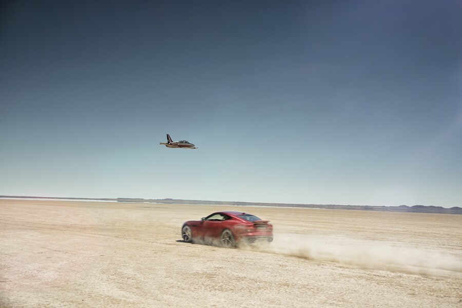 The F-Type (and a Jaguar XF also carrying comms equipment) were driven along the test track in the opposite direction to the L39 jet
