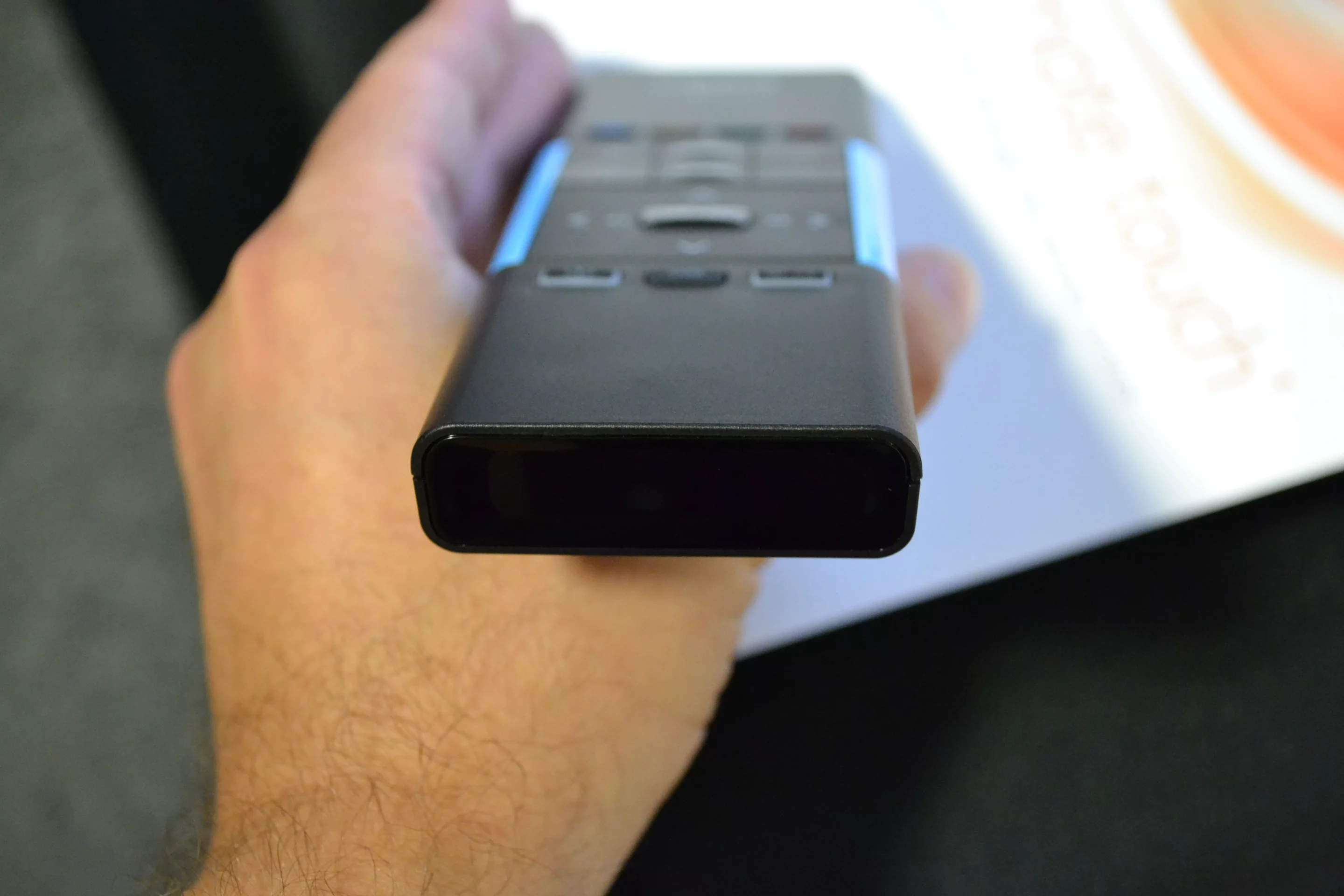 A small IR camera embedded in the uWand syncs to one or more beacons fitted on or near the television to track where it points and move a cursor to follow