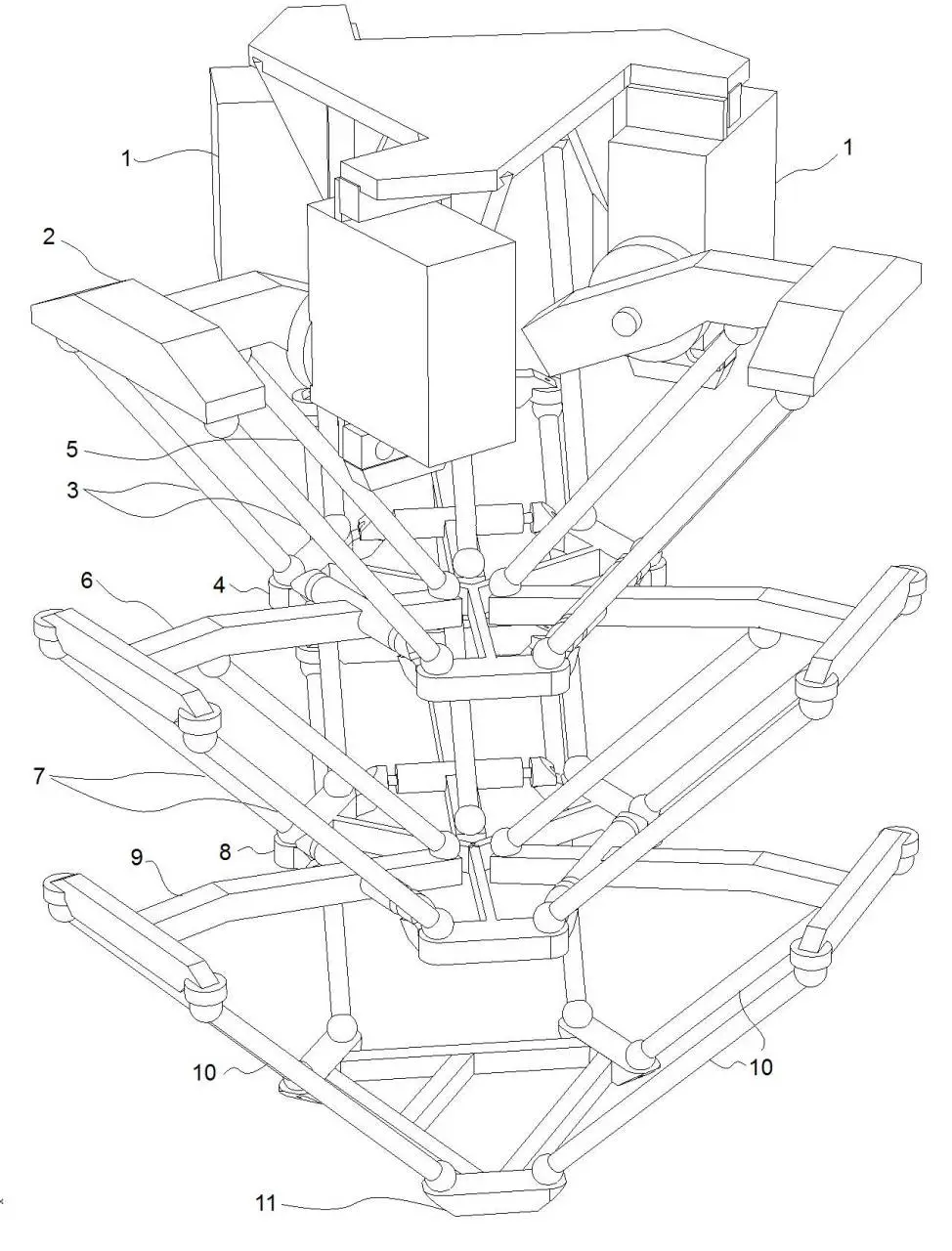 From the base, three arms with joints in the middle extend out to connect to a small triangle-shaped platform. (Image: Aad van der Geest)