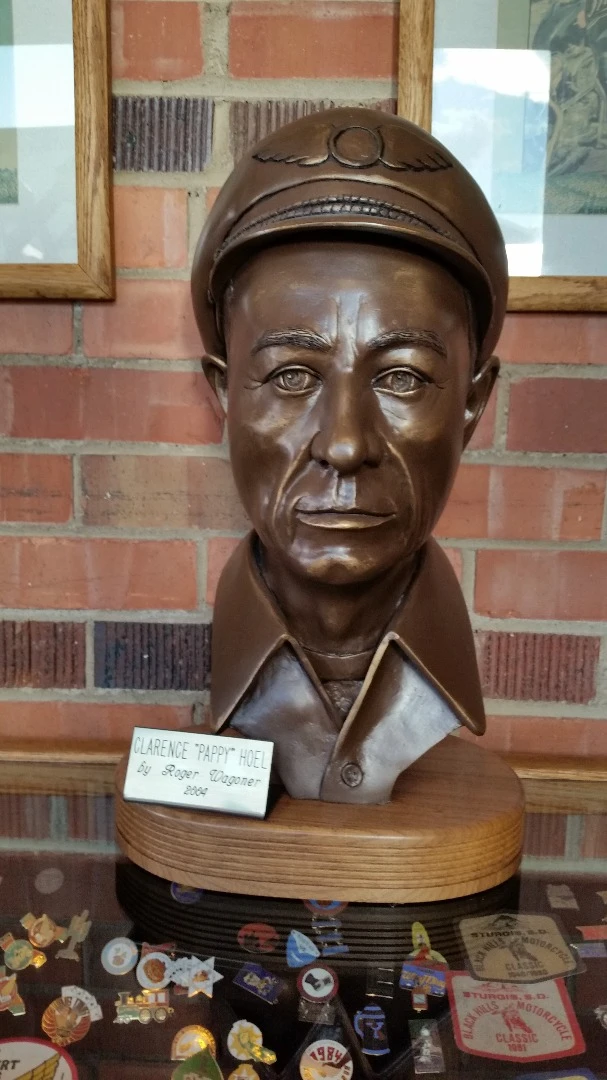 A bust of Clarence "Pappy Hoel" who started the Sturgis Motorcycle Rally 76 years ago