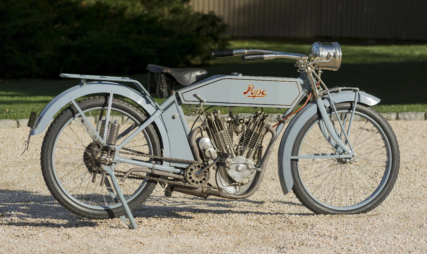 $94,300 – 1913 Pope Model L Twin - Bonhams Lot 123 is a 1913 Pope Model L, a 70 mph 1000cc V-twin produced for six years until 1918, and at the time of it's introduction, the fastest production motorcycle in the world. The world record for the marque and model is $126,500, set at the E. J. Cole Collection sale last year.