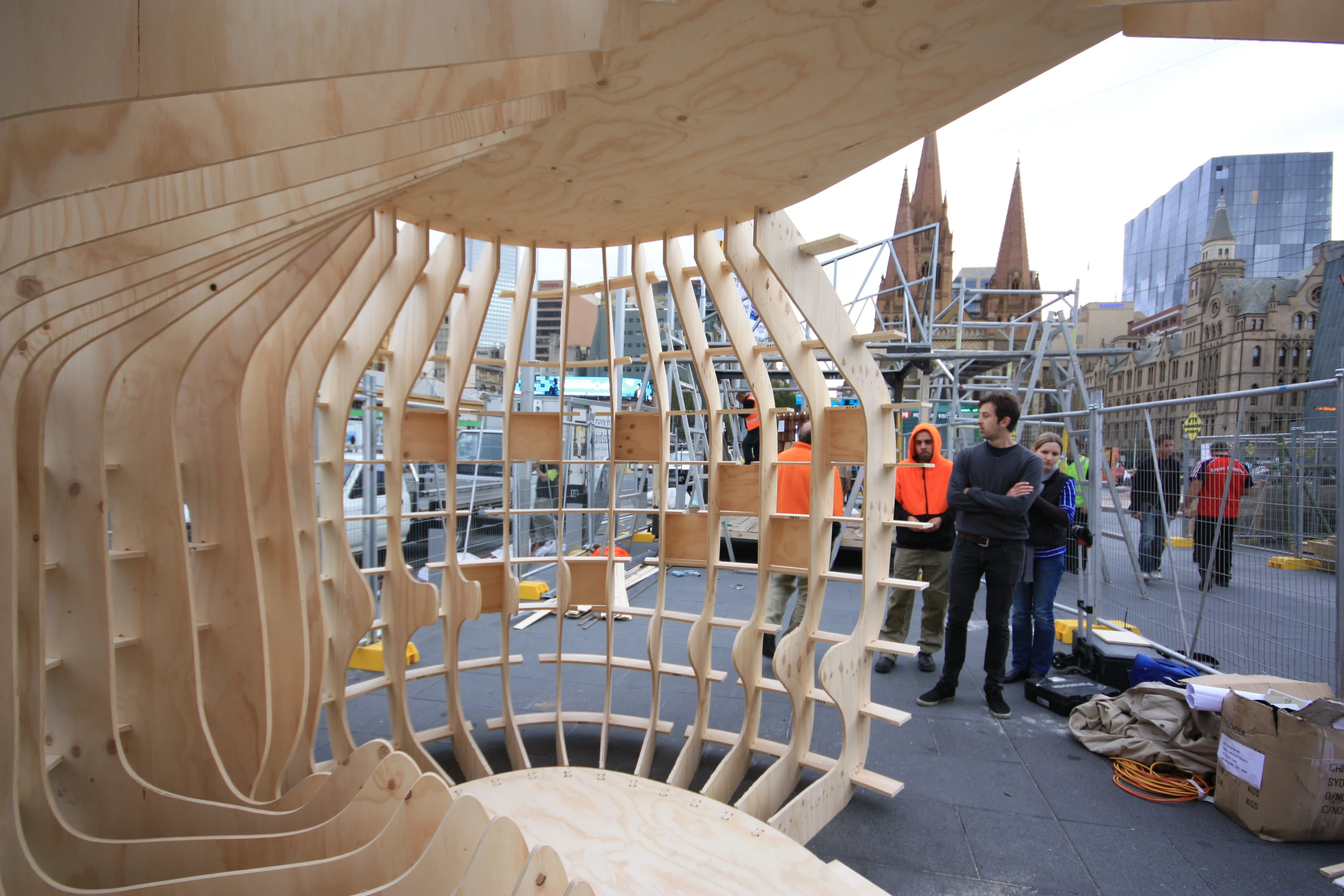 The contours of the wooden shape can be used as beds and stools